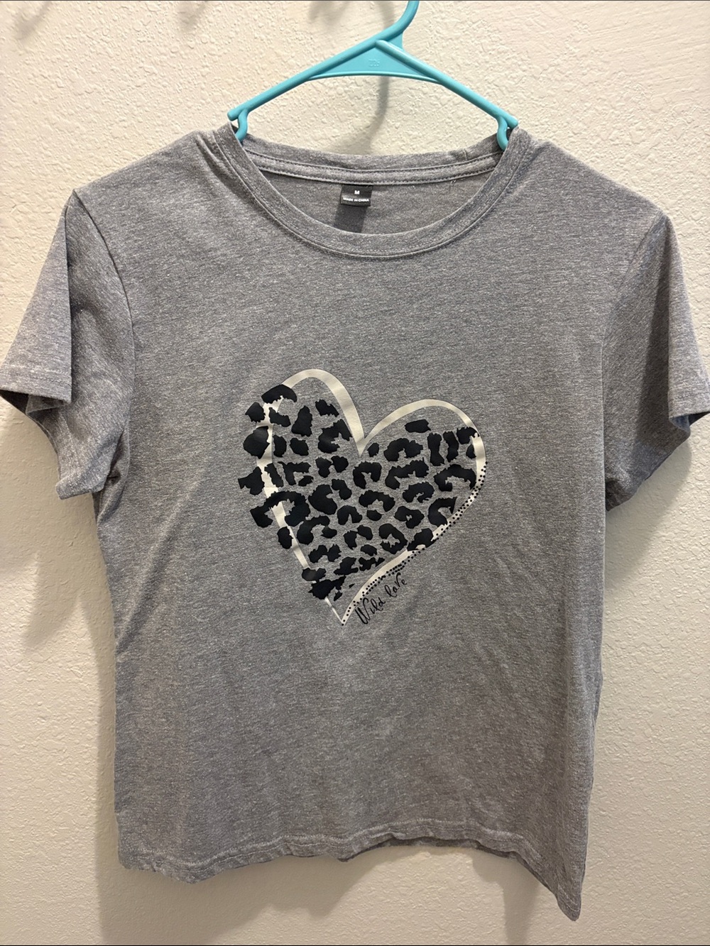 SHEIN Grey Tee with Silver-Outlined Leopard Heart